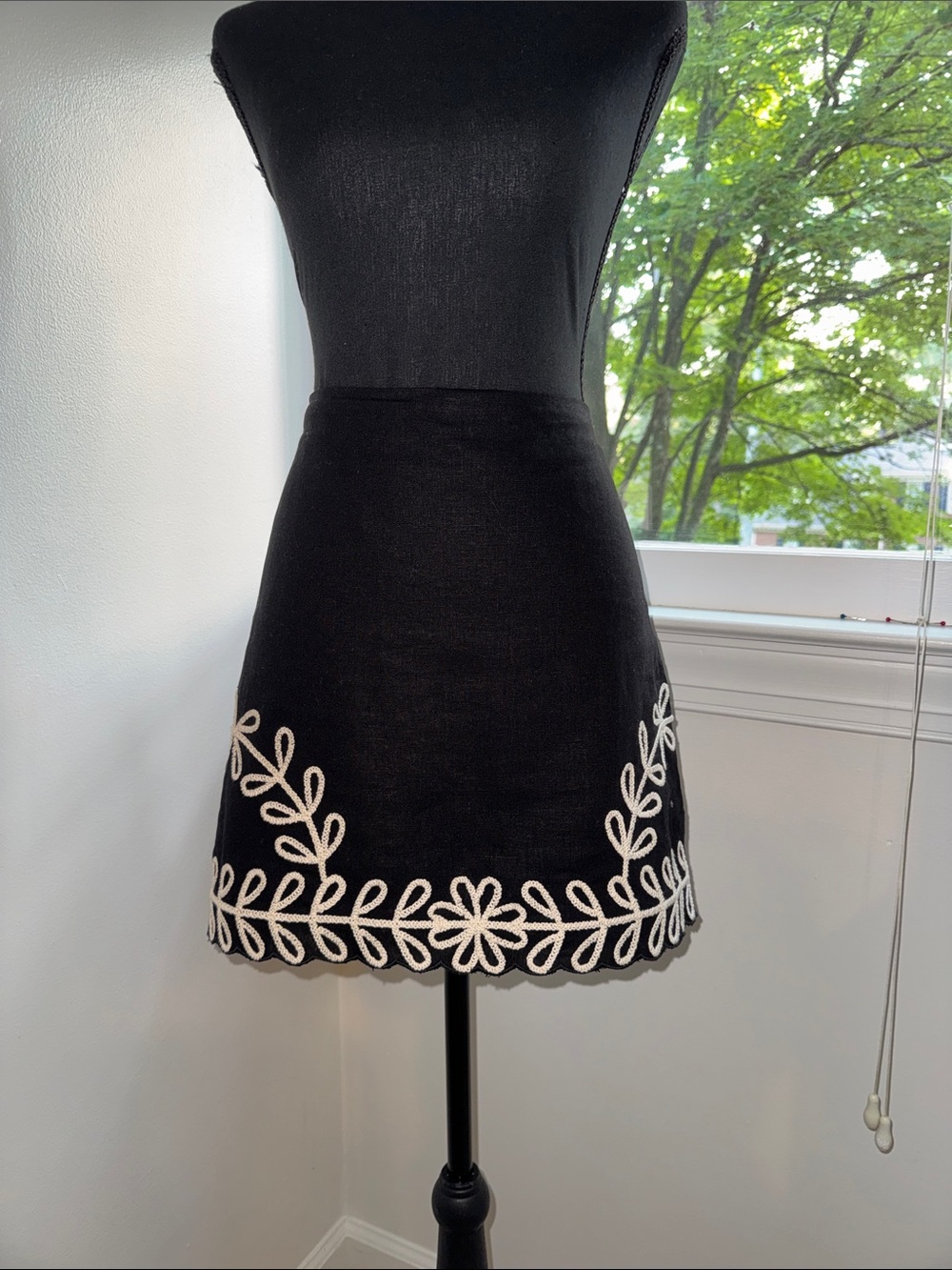 Black Mini Skirt with White Floral Embroidery